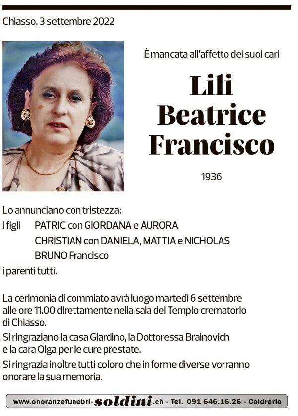 Annuncio funebre Lili Beatrice Francisco