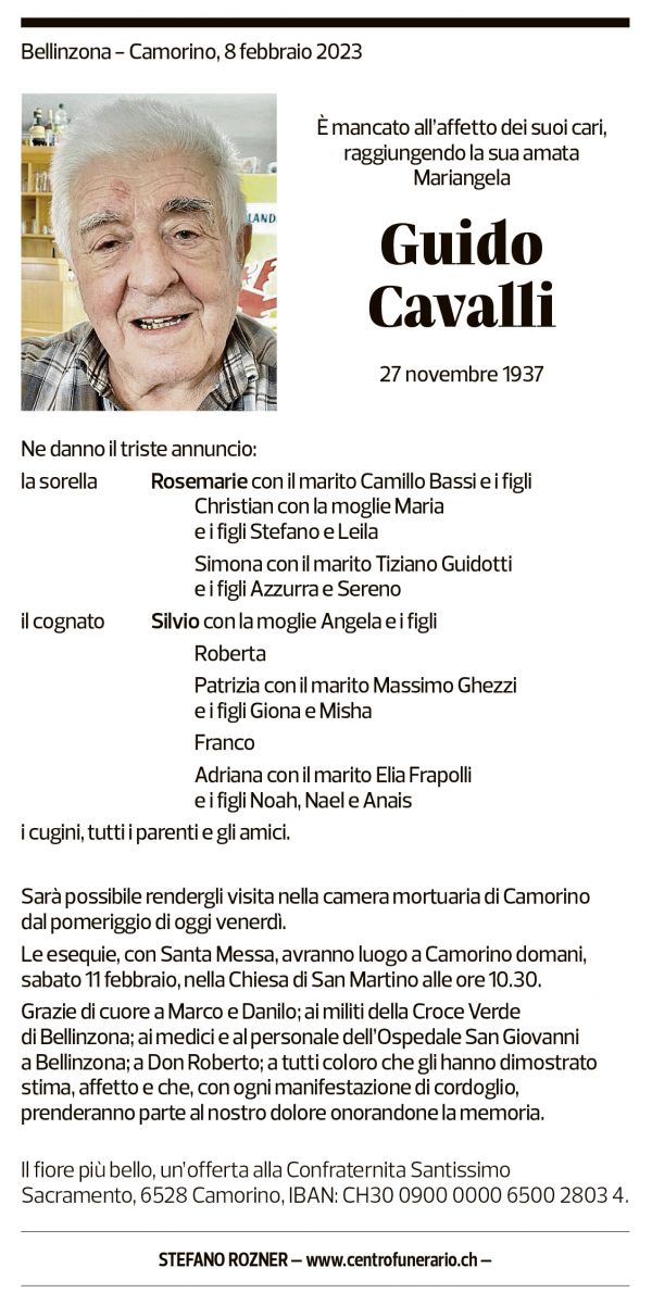 Annuncio funebre Guido Cavalli