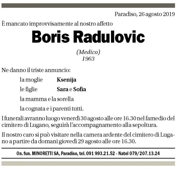 Annuncio funebre Boris Radulovic