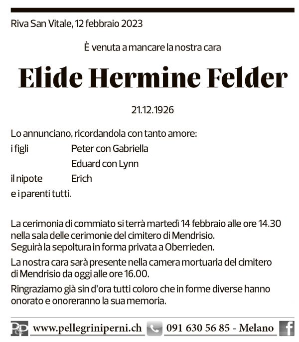 Annuncio funebre Elide Hermine Felder