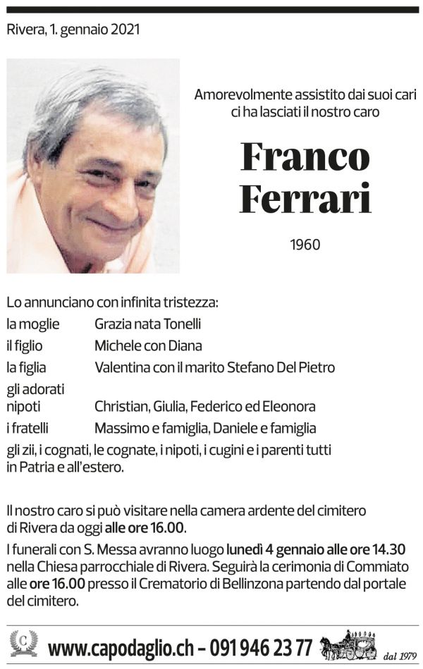 Annuncio funebre Franco Ferrari