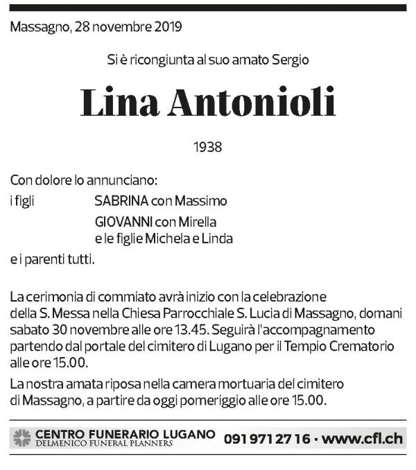 Annuncio funebre Lina Antonioli