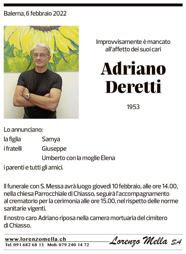 Annuncio funebre Adriano Deretti