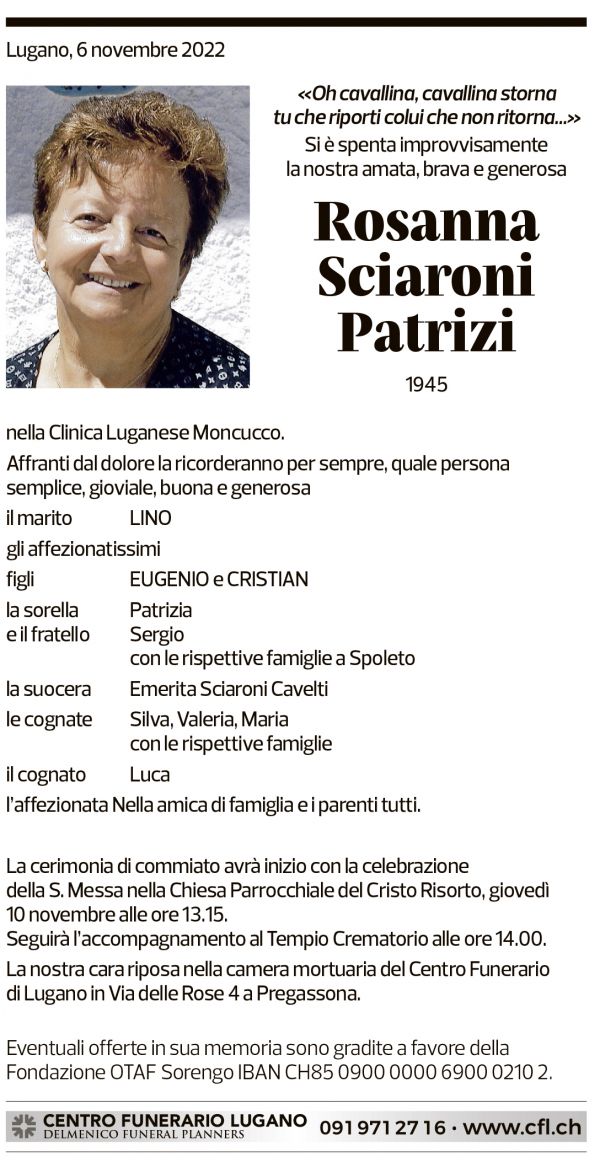 Annuncio funebre Rosanna Sciaroni Patrizi