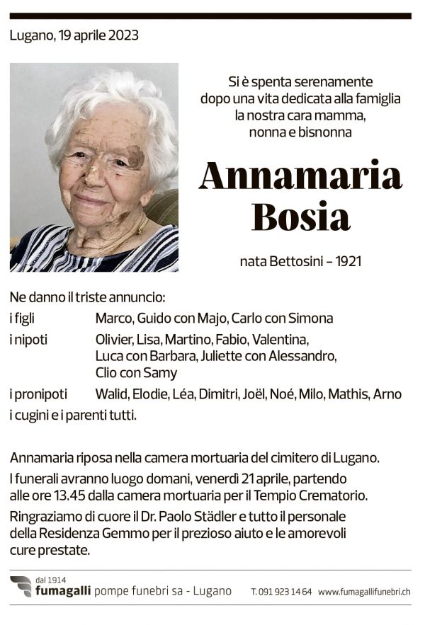 Annuncio funebre Annamaria Bosia