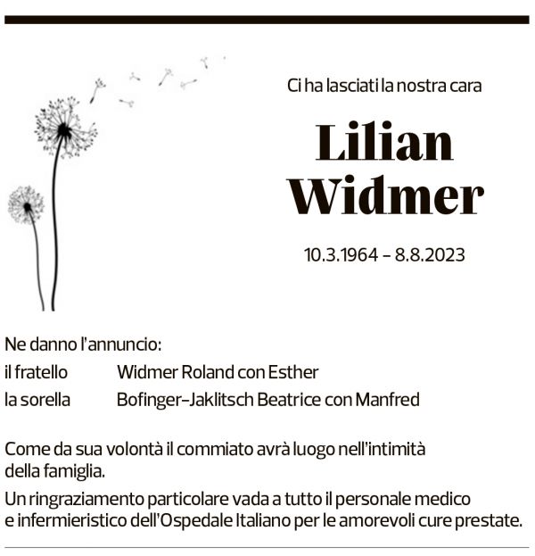 Annuncio funebre Lilian Widmer