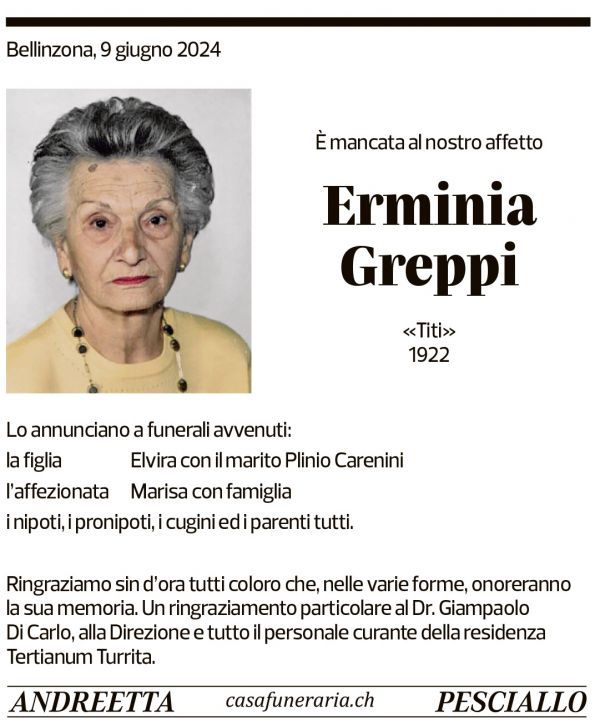 Annuncio funebre Erminia Greppi