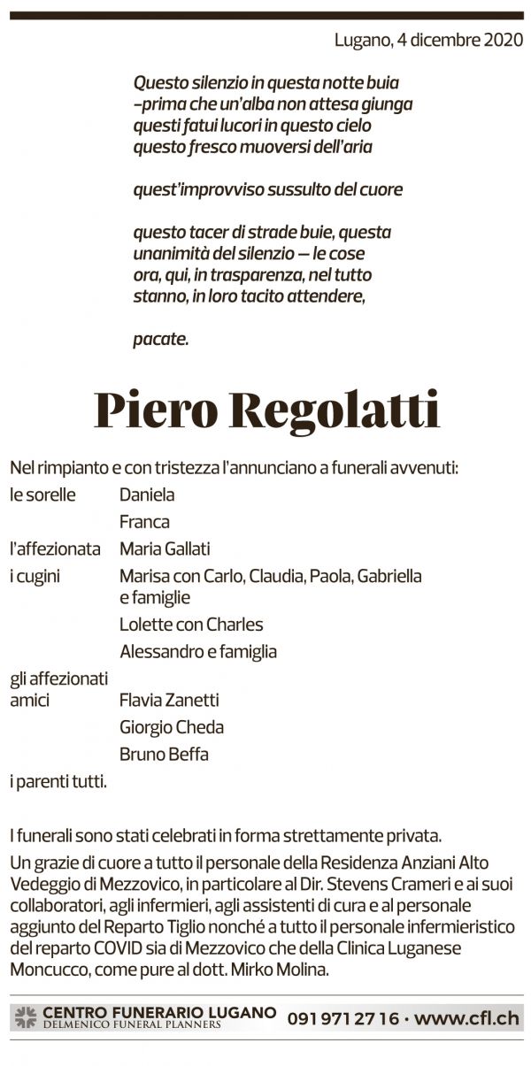 Annuncio funebre Piero Regolatti