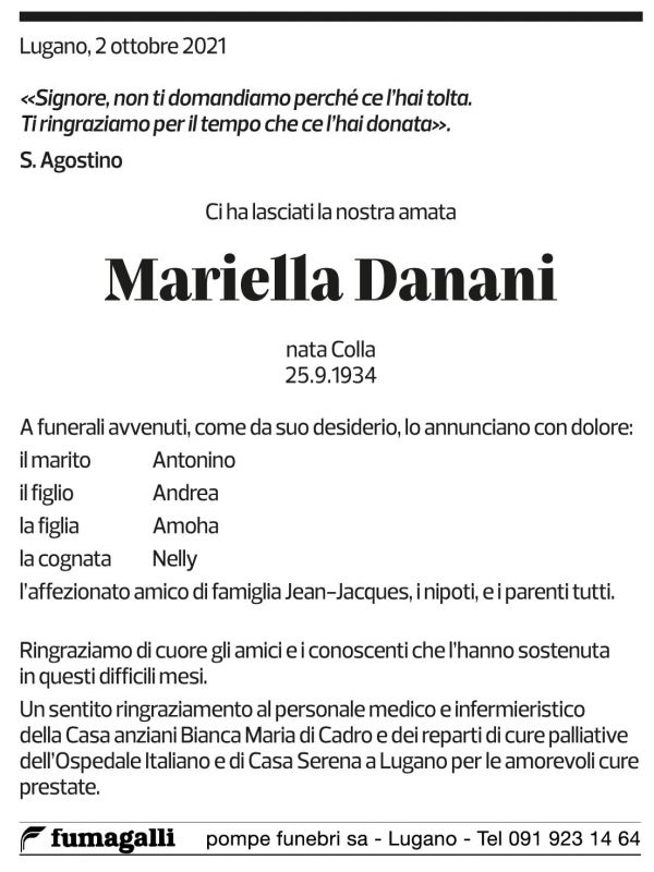 Annuncio funebre Mariella Danani