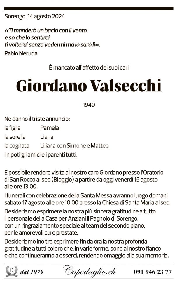 Annuncio funebre Giordano Valsecchi