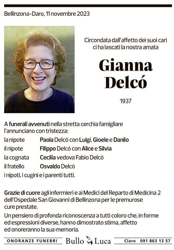 Annuncio funebre Gianna Delcò