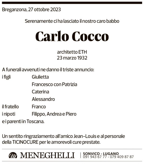 Annuncio funebre Carlo Cocco