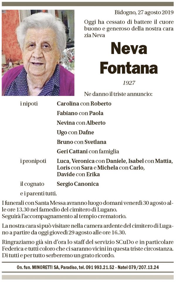Annuncio funebre Neva Fontana