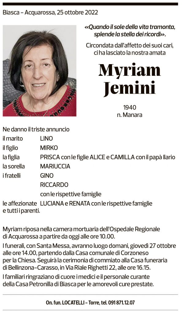 Annuncio funebre Myriam Jemini