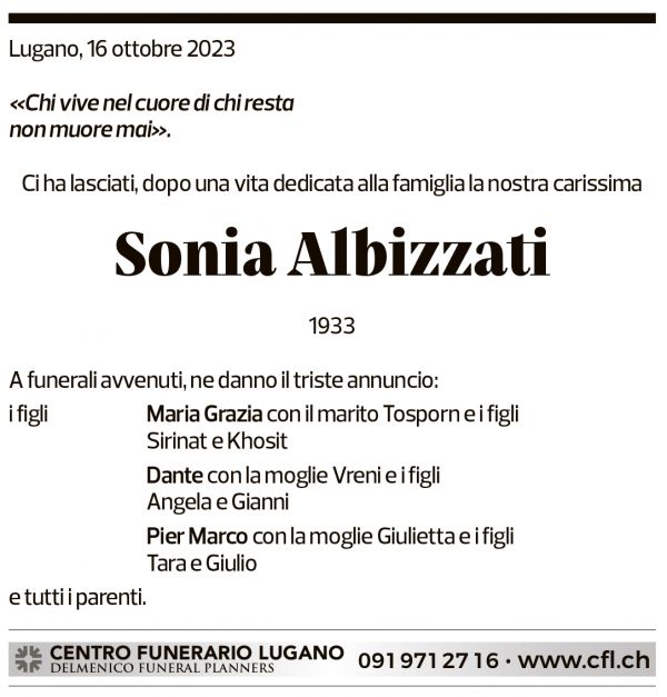 Annuncio funebre Sonia Albizzati