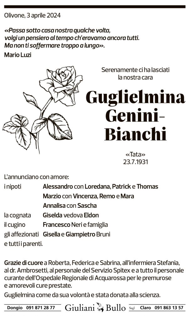 Annuncio funebre Guglielmina Genini-bianchi