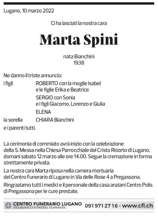 Annuncio funebre Marta Spini