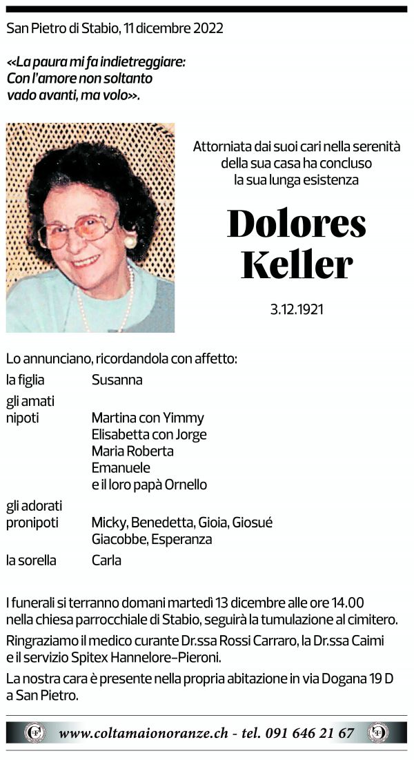 Annuncio funebre Dolores Keller