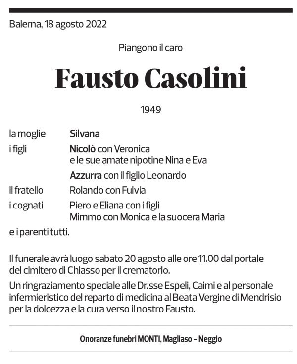 Annuncio funebre Fausto Casolini