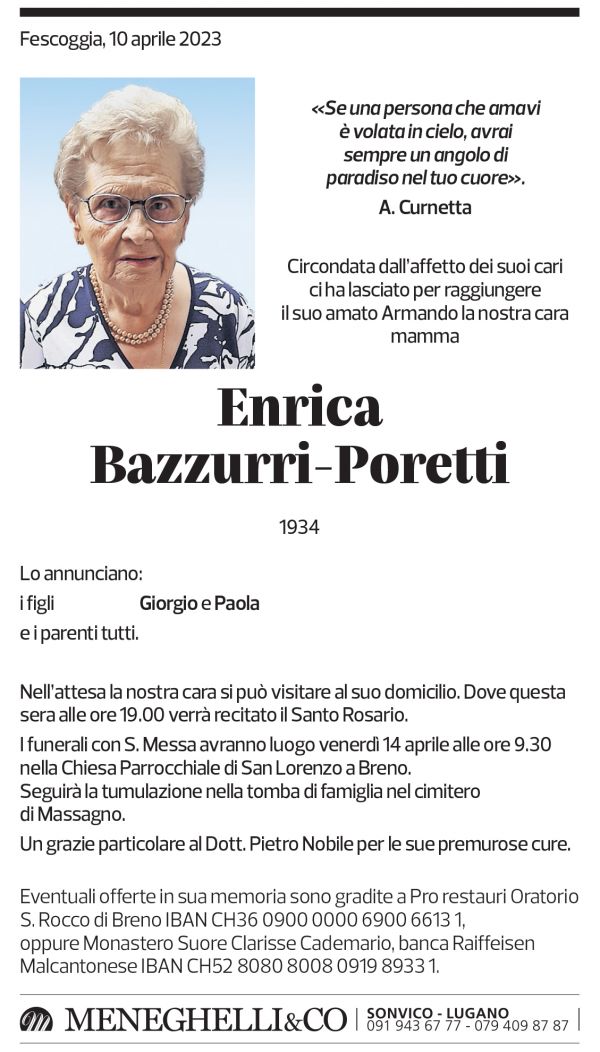 Annuncio funebre Enrica Bazzurri-poretti