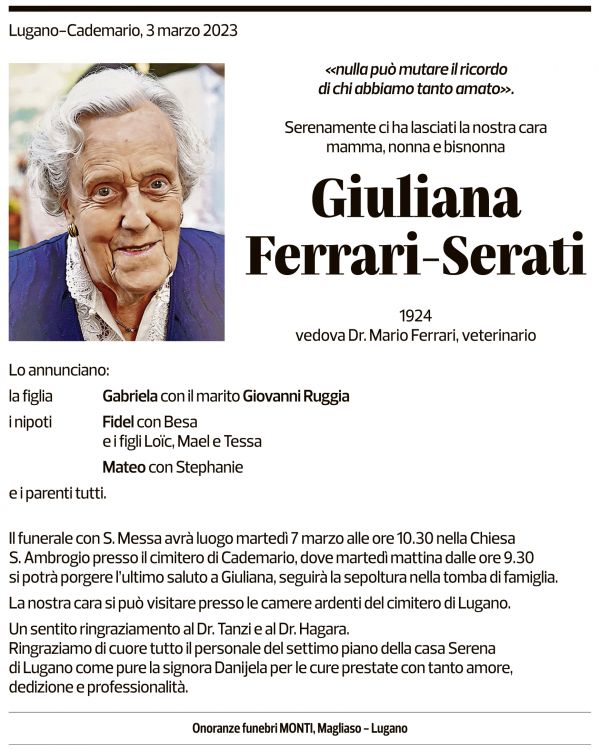 Annuncio funebre Giuliana Ferrari-serati