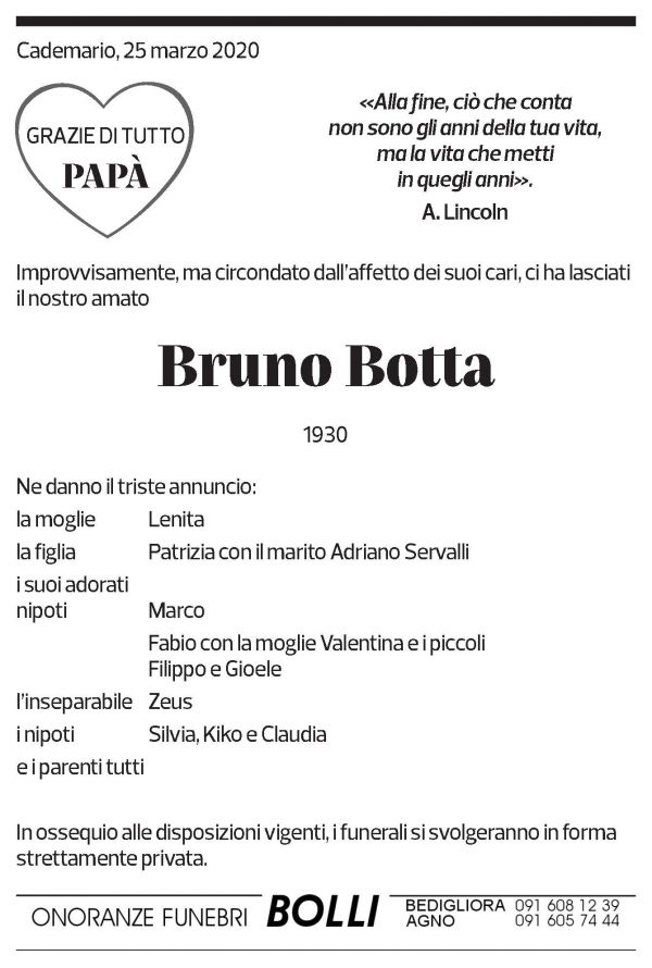 Annuncio funebre Bruno Botta