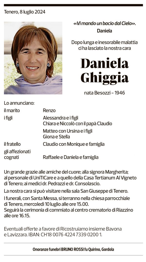 Annuncio funebre Daniela Ghiggia