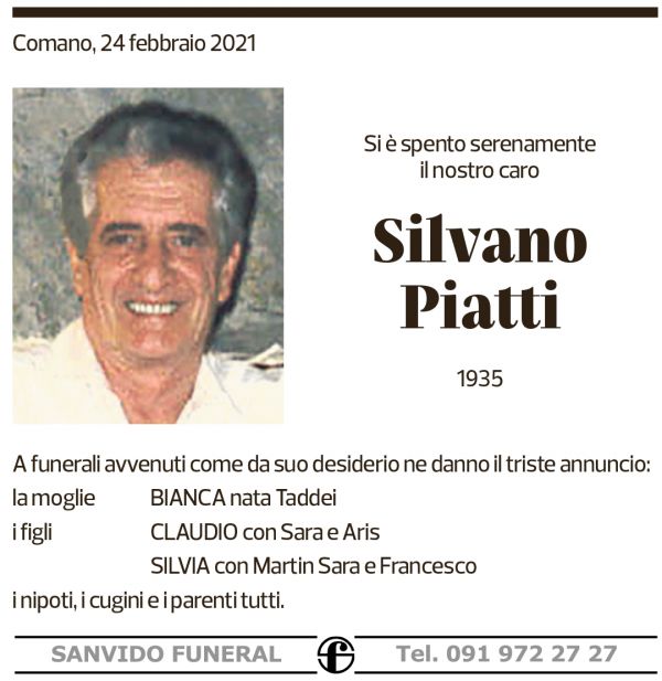 Annuncio funebre Silvano Piatti