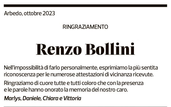 Annuncio funebre Renzo Bollini