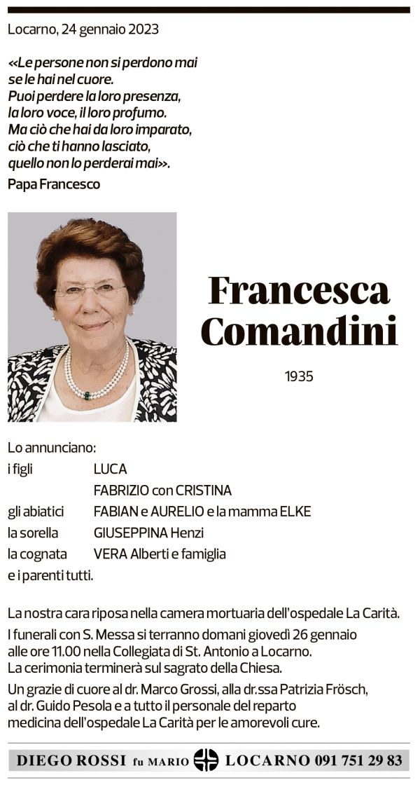 Annuncio funebre Francesca Comandini