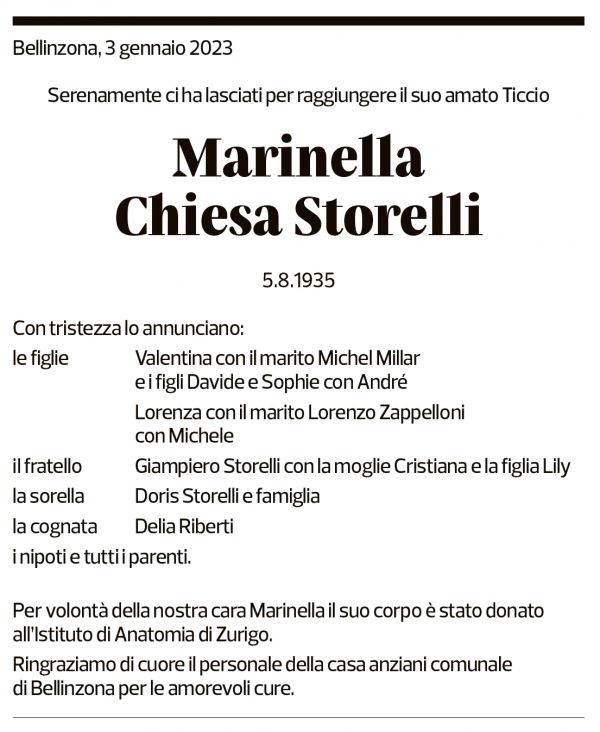 Annuncio funebre Marinella Chiesa Storelli