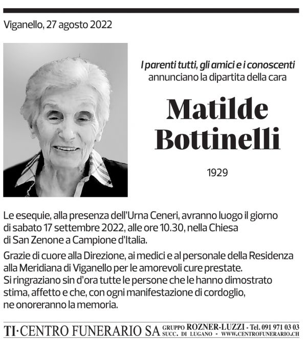 Annuncio funebre Matilde Bottinelli