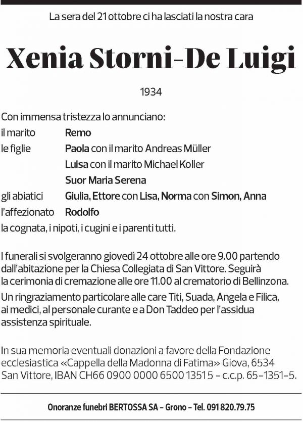 Annuncio funebre Xenia Storni-de Luigi