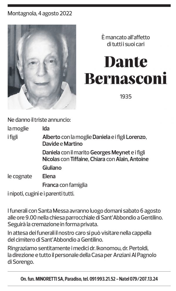 Annuncio funebre Dante Bernasconi