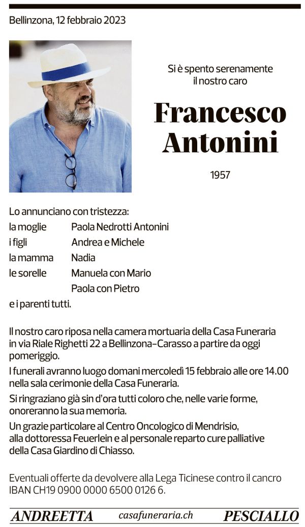 Annuncio funebre Francesco Antonini