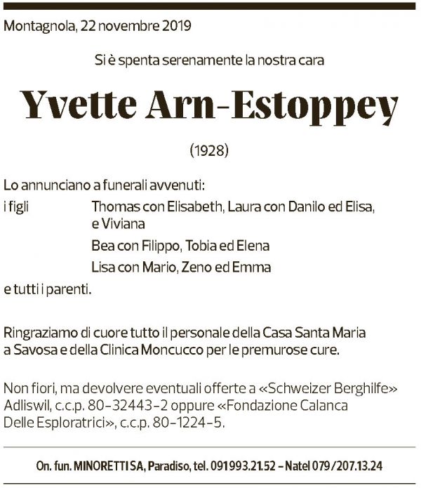 Annuncio funebre Yvette Arn-estoppey