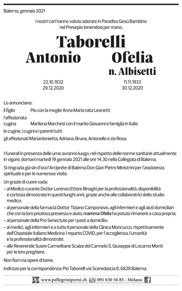 Annuncio funebre Antonio Taborelli Ofelia Taborelli