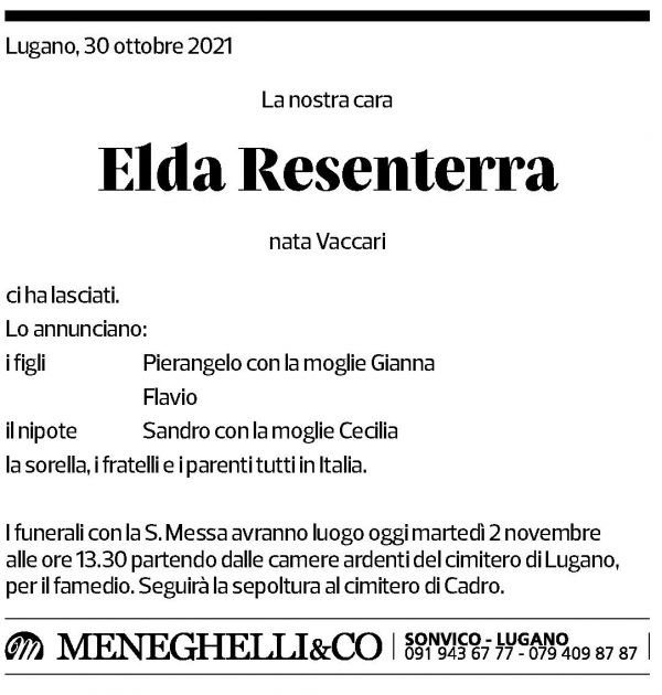 Annuncio funebre Elda Resenterra