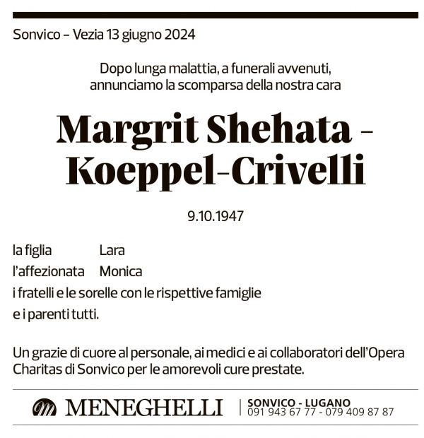 Annuncio funebre Margrit Shehata Koeppel-crivelli