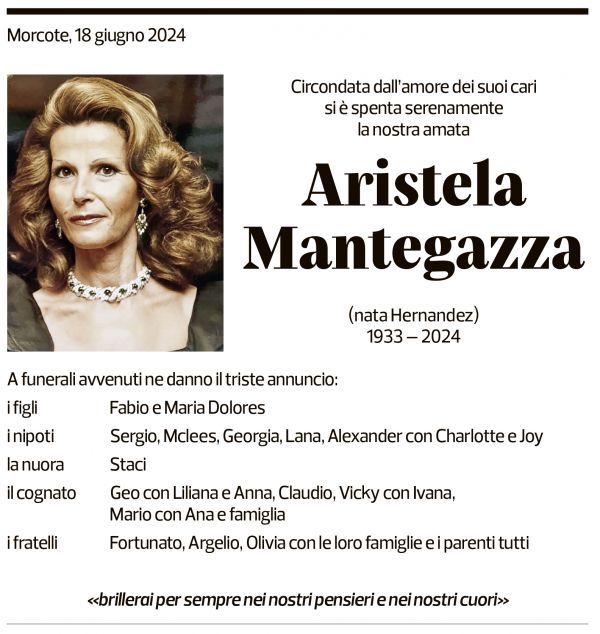 Annuncio funebre Aristela Mantegazza