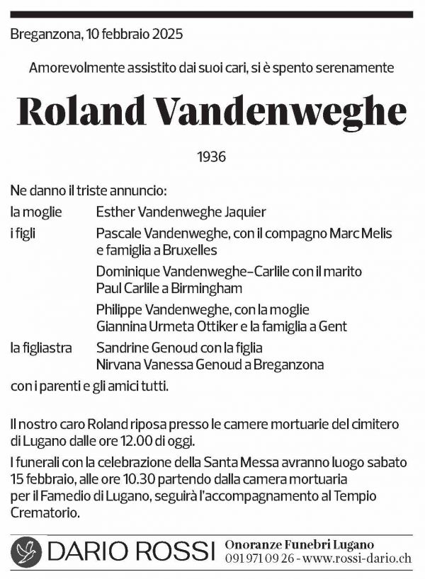 Annuncio funebre Roland Vandenweghe