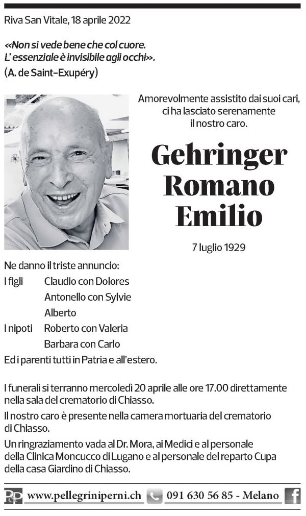 Annuncio funebre Romano Emilio Gehringer