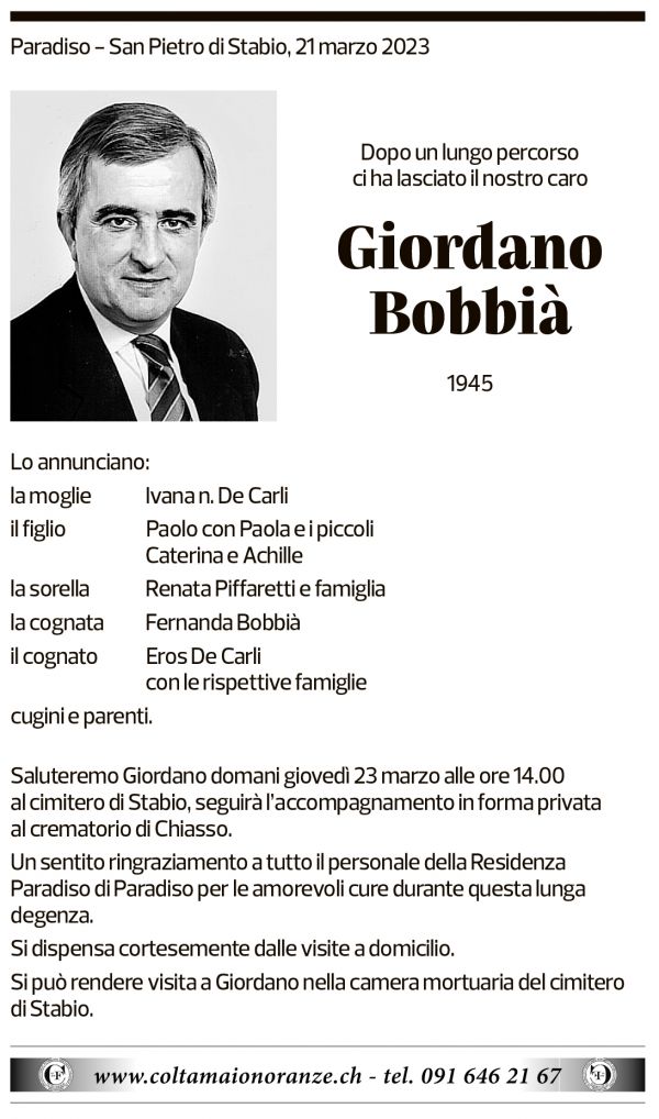 Annuncio funebre Giordano Bobbià