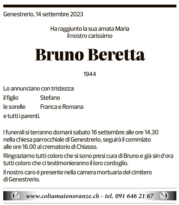 Annuncio funebre Bruno Beretta