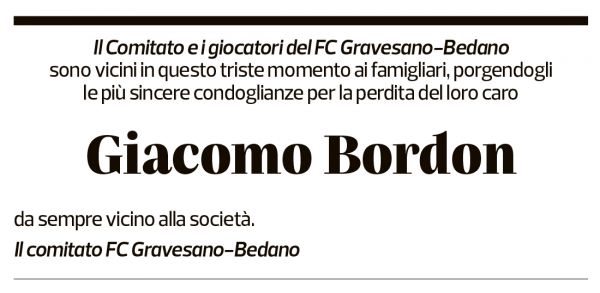 Annuncio funebre Giacomo Bordon