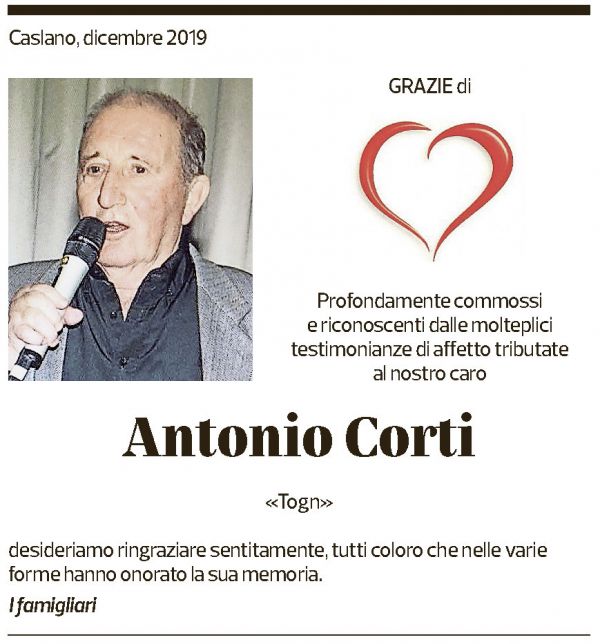 Annuncio funebre Antonio Corti