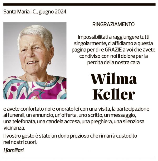 Annuncio funebre Wilma Keller