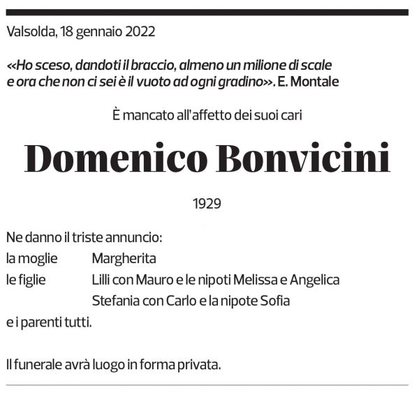 Annuncio funebre Domenico Bonvicini