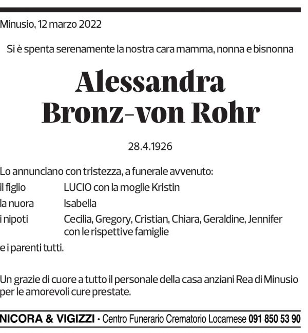 Annuncio funebre Alessandra Bronz-von Rohr