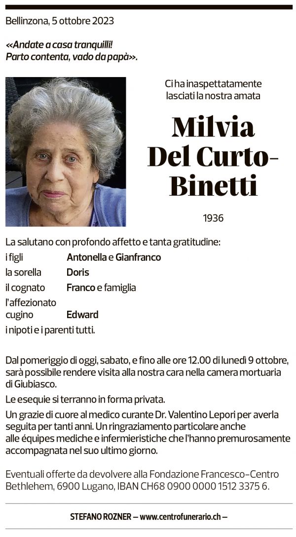 Annuncio funebre Milvia Del Curto-binetti